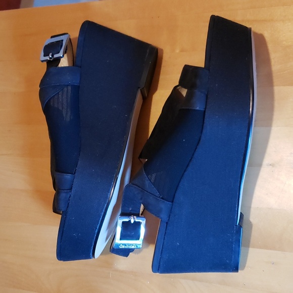 Calvin Klein black suede linen mesh silver buckle platform sandles